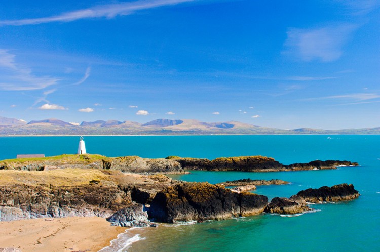 Llanddwyn Island, looking across to Snowdonia, Wales