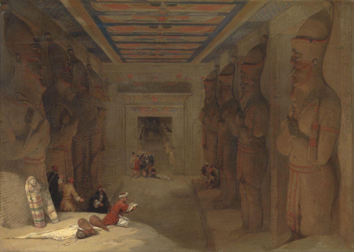 Interior del Templo de Abu Simbel sala hipóstila pintada por David Roberts