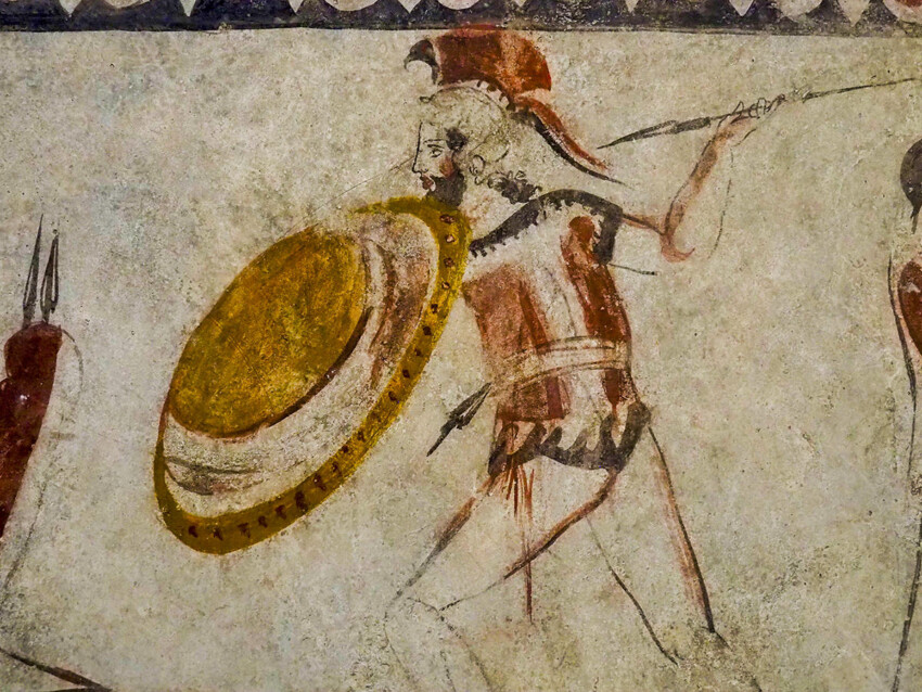 Policromía en losa de un guerrero hoplita museo de Paestum