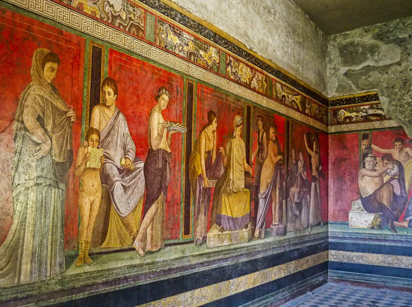Villa de los Misterios fresco representtando la iniciación a los misterios dionisiacos