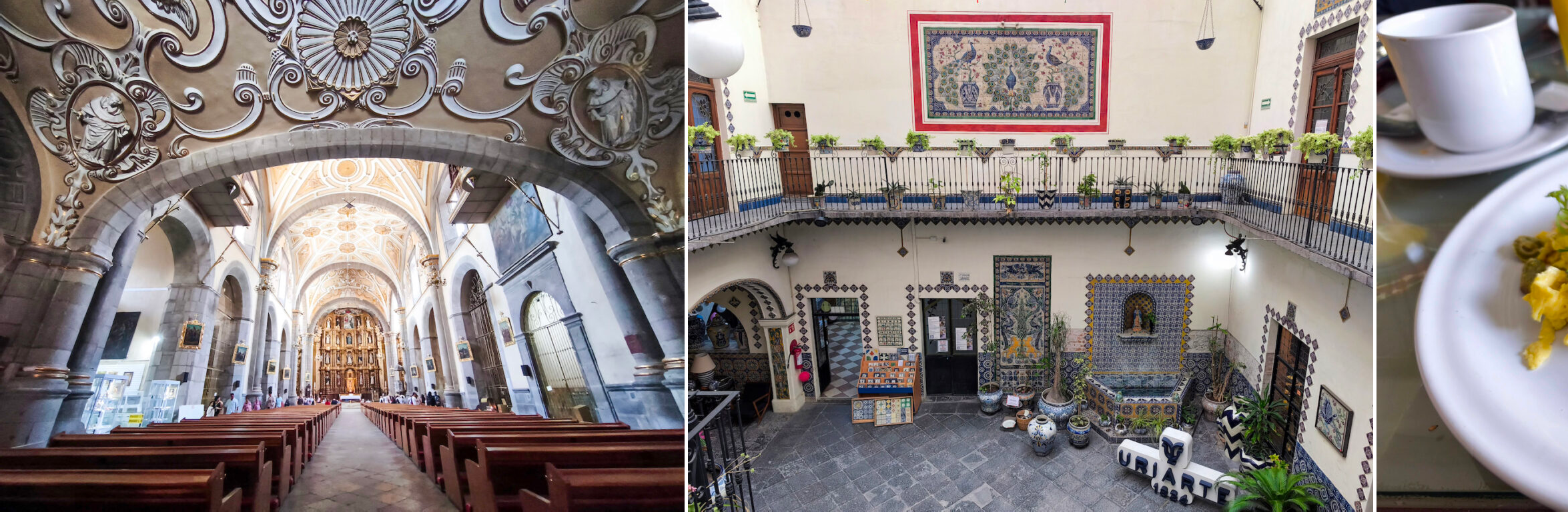 Mosaico de arquitectura religiosa, patio y gastronomía en Puebla